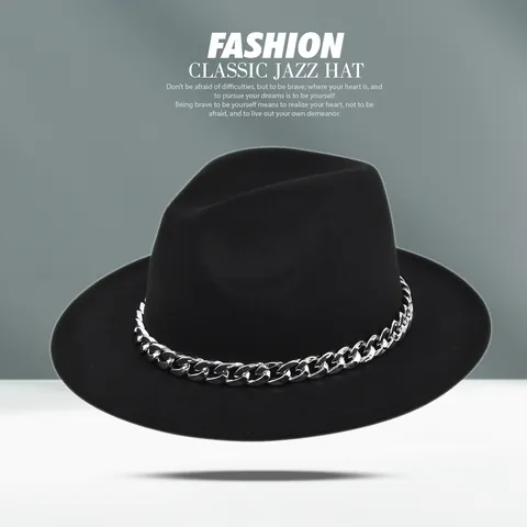 Vintage Fedora Hat For Men Women Woolen Felt Jazz Hat With Silver Metal Chain Wide Brim Fashion Solid Color Headwear