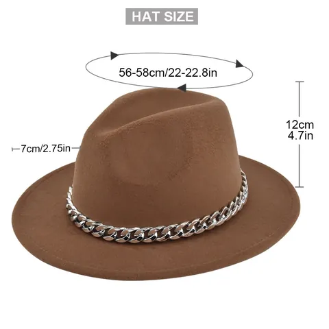 Vintage Fedora Hat For Men Women Woolen Felt Jazz Hat With Silver Metal Chain Wide Brim Fashion Solid Color Headwear