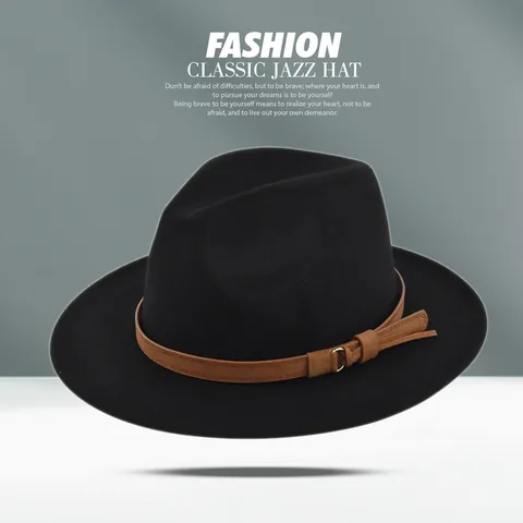 Classic Wide Brim Cotton Polyester Fedora Jazz Hat For Men Women Vintage Solid Color Felt Panama Hat With Belt Buckle Outdoor Party Sun Hat