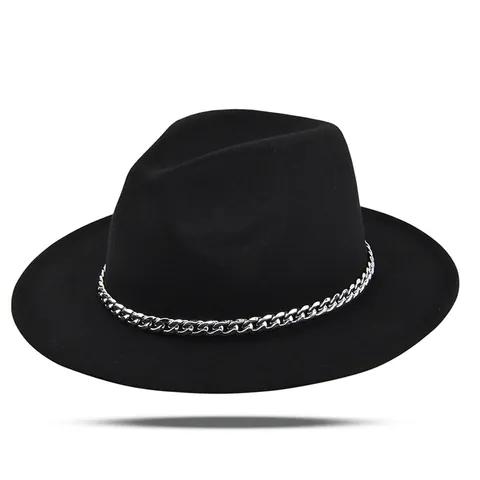 Vintage Wollfilz Fedora Hut Mit Silberner Metallkette Breiter Krempe Jazz Hut Für Herren Damen Stilvolle Herbst Winter Kopfbedeckung