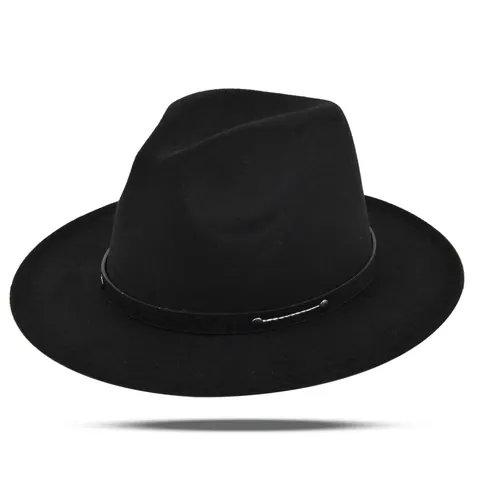 Vintage Fedora Hat Wide Brim Jazz Hat With Rivet Leather Belt Polyester Cotton Blend Solid Color Sun Protection Accessory