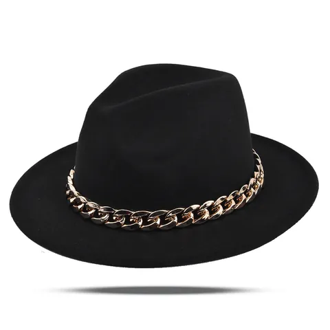 Cappello Fedora in Feltro di Lana Vintage per Uomo Donna Decorazione a Catena d'Oro Grande Tesa Larga Jazz Hat Festa Matrimonio Accessorio Moda