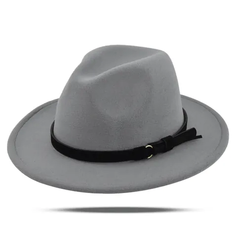 Vintage Fedora Jazz Hat Unisex Cotton Polyester Blend Wide Brim Panama Hat with Belt Buckle Solid Color Warm Winter Hat