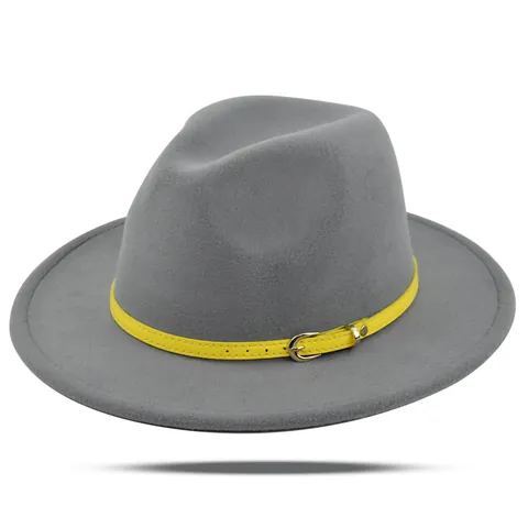 Vintage Unisex Woolen Felt Fedora Hat Wide Brim Jazz Hat With Yellow Leather Belt Buckle For Men Women Fashion Hat