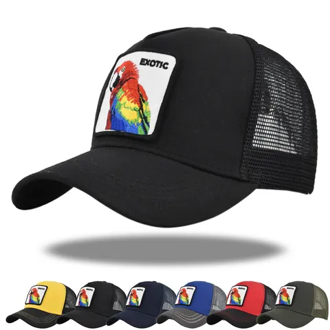 Cappello Trucker a Rete Ricamato Pappagallo Toppa Animale Esotico Berretto Baseball Traspirante Parasole Snapback Uomo Donna
