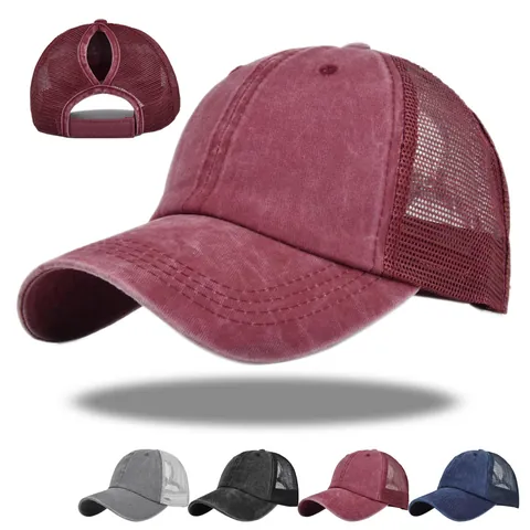 Berretto da Baseball Donna in Cotone Lavato con Foro per Coda di Cavallo Rete Regolabile Trucker Hat per Sport all'Aperto