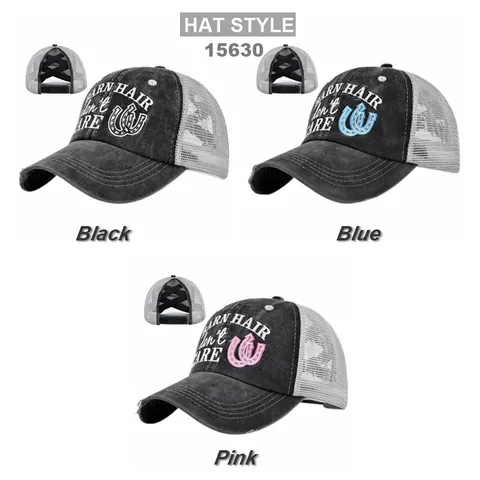 Dames Distressed Katoen Mesh Paardenstaart Honkbalpet Vintage Barn Hair Don't Care Borduurwerk Hoefijzer Trucker Pet