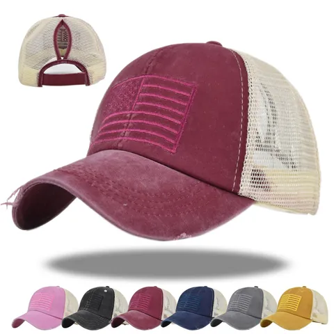 Berretto da Baseball con Foro per Coda di Cavallo in Cotone Lavato per Donna Ricamo Bandiera USA Berretto Trucker Mesh