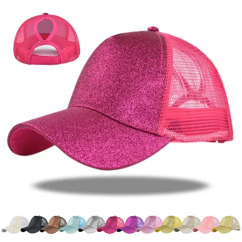 Cappello da Baseball da Donna con Paillettes e Coda di Cavallo Mesh Regolabile Trucker Hat Traspirante Protezione Solare Accessorio Moda