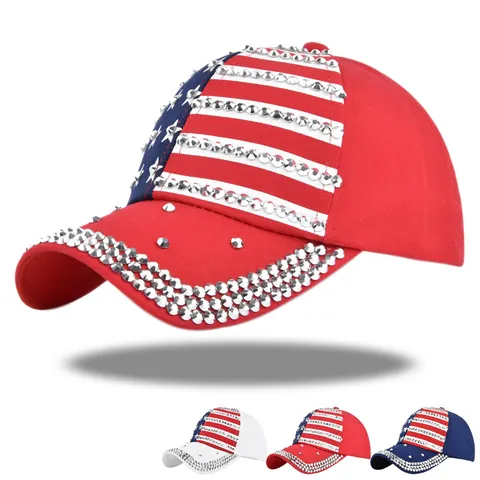 Sparkling US Flag Rhinestone Baseball Cap Adjustable Cotton Stars Stripes Patriotic Sun Hat For Men Women Jewelry Decor