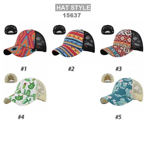 Damen Ethnisch Druck Pferdeschwanz Baseballkappe Mesh Atmungsaktiv Trucker Hut Elastisch Überkreuzt Unordentlicher Dutt Sonnenhut Outdoor