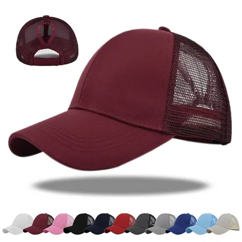 Casquette de Baseball en Maille avec Queue de Cheval pour Femme Respirante Mélange Coton Polyester Chapeau Trucker Réglable Couleur Unie Visière Solaire