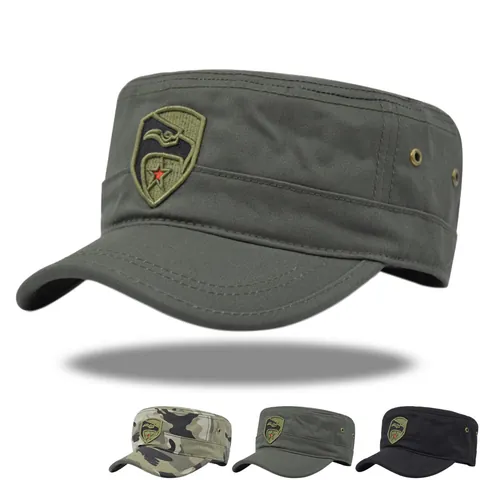 Unisex Military Cadet Cap 3D Embroidery Eagle Star Camouflage Flat Top Hat Adjustable Cotton Patrol Cap For Outdoor Sun Protection