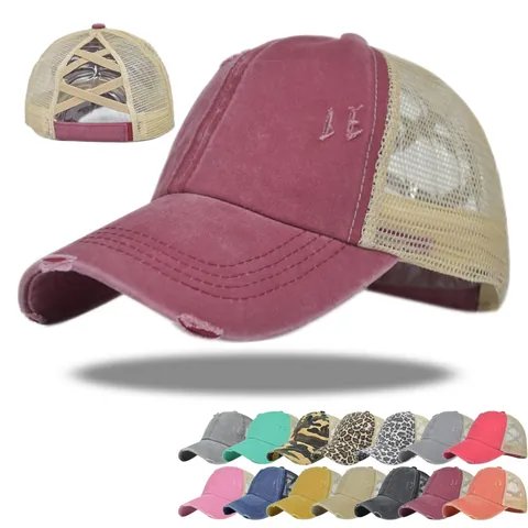 Berretto da Baseball con Foro per Coda di Cavallo Donna Effetto Usurato Cotone Lavato Cappello Trucker Regolabile Parasole