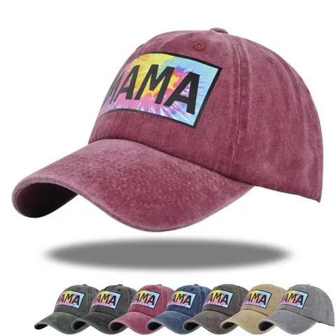 Washed Cotton Baseball Cap For Women Retro Mama Embroidered Tie Dye Patch Adjustable Sun Hat Distressed Streetwear Headwear