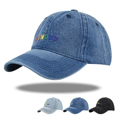 Berretto da Baseball in Denim Lavato Casual da Donna con Ricamo a Lettere Sunday Arcobaleno Cappello da Sole Regolabile Vintage Sport Outdoor in Cotone