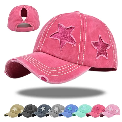 Berretto da Baseball con Coda di Cavallo in Cotone Lavato Effetto Usurato Donna Glitter Paillettes Stella Patchwork Regolabile Cappello da Sole Outdoor Vintage per Donna