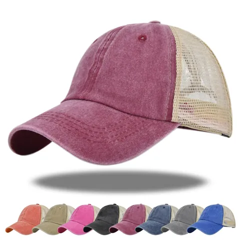 Gorra Trucker de Algodón Lavado Vintage Transpirable Malla Trasera Gorra de Béisbol Para Mujeres Hombres Desgastada Ajustable Sombrero de Sol