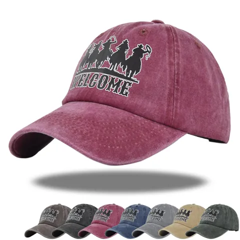 Gorra de Béisbol Vintage de Algodón Lavado Bordado de Vaquero Letra Welcome Ajustable Parasol Dad Hat para Deporte al Aire Libre Casual