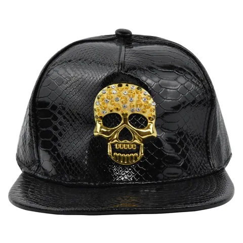 Punk Hip Hop Skull Metal Decor Snapback Hat For Men Women Snake Pattern PU Leather Flat Brim Baseball Cap Rhinestone Rivet Adjustable Fashion