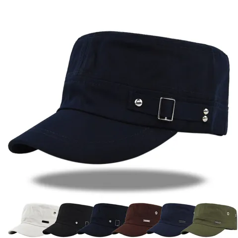 Vintage Cotton Cadet Cap For Men Women Solid Color Flat Top Army Military Hat With Metal Buckle Adjustable Sun Protection