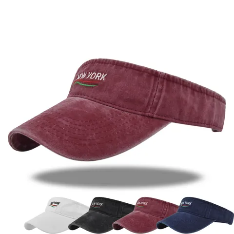 New York Embroidery Washed Cotton Sun Visor Hat Vintage Sporty Adjustable Empty Top Cap For Women Outdoor Travel Visor