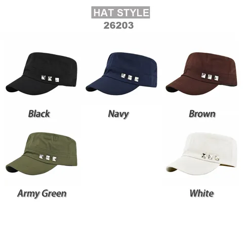 Unisex Flat Top Cadet Cap Cotton Canvas Military Style Adjustable Sun Hat With Silver Square Rivets Solid Color Outdoor Hat