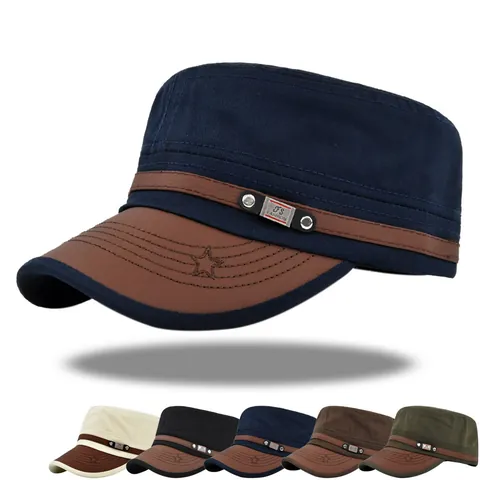 Retro Katoen Cadet Cap Platte Bovenkant Militair Hoed PU Leer Rand Ster Detail Verstelbaar Zonnehoed Voor Outdoor Heren Dames