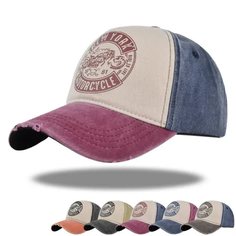 Gorra de Béisbol de Algodón Vintage Desgastado Bordado Moto New York Bloque de Color Sombrero de Sol Unisex Exterior