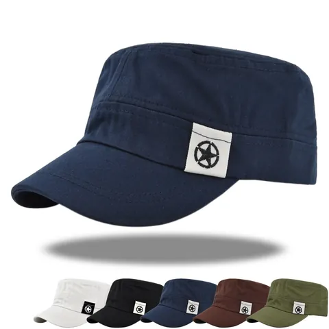 Cotton Flat Top Cadet Cap With Star Embroidery Adjustable Military Army Style Patrol Hat For Men Women Outdoor Sun Cap