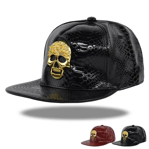 Cappello Snapback in Pelle di Serpente Sintetica Teschio in Metallo Strass Hip Hop Berretto da Baseball Regolabile Streetwear