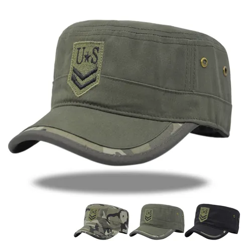 US Embroidered Military Cadet Cap Cotton Flat Top Hat For Men Women Camouflage Sun Protection Outdoor Tactical Patrol Hat