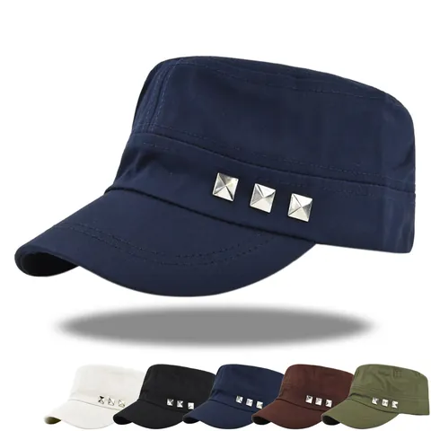 Unisex Flat Top Cadet Cap Cotton Canvas Military Style Adjustable Sun Hat With Silver Square Rivets Solid Color Outdoor Hat