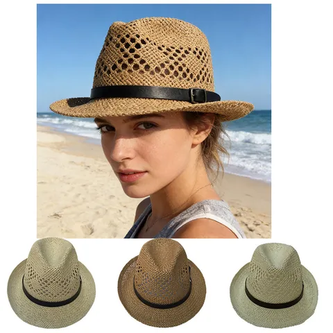 Vintage Papierstro Fedora Hoed Voor Heren Dames Ademend Opengewerkt Zonnescherm Strandhoed Met Leren Riem Gesp Zomerhoed