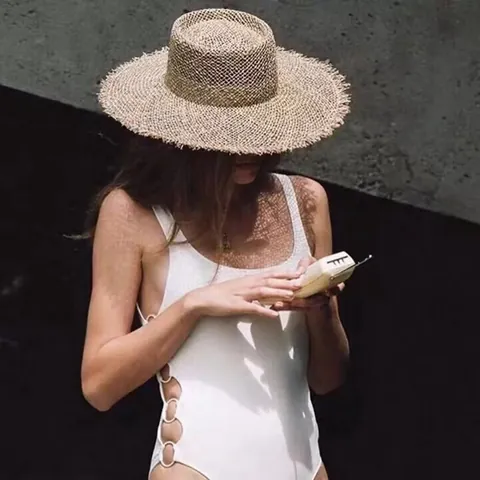 Sombrero de Paja de Rafia de Ala Ancha para Mujer Verano Playa Borde Sin Rematar Parte Superior Plana Protección Solar