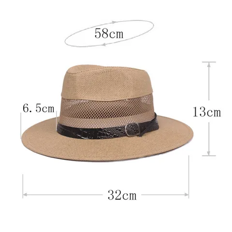Unisex Breathable Straw Sun Hat Mesh Fedora Wide Brim Summer Beach Hat With Faux Leather Band And Windproof Rope