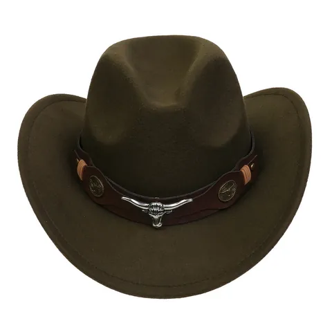 Δυτικό Καπέλο Cowboy για Άνδρες Γυναίκες Πολυεστέρας Τσόχα Φεντόρα Με Μεταλλική Κεφαλή Ταύρου Δερμάτινη Ζώνη Βίντατζ Στυλ Outback Καπέλο Τζαζ