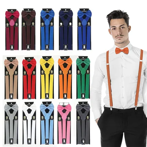 Classic Elastic Y-Back Suspenders And Bow Tie With Metal Clips For Men And Kids Formal Suit Accessories Solid Color Adjustable Suspender And Bow Tie