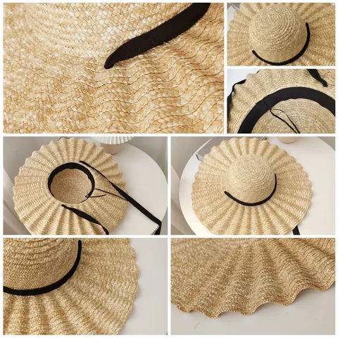 Damen Raffia Strohhut Mit Breiter Krempe Sommer Strand Offene Kante Flacher Kopf Sonnenschutz Urlaub Sonnenhut