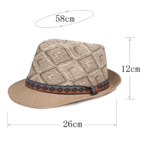 Vintage Stro Fedora Hoed Met Etnische Geometrische Band Zomer Zonbescherming Ademende Jazz Trilby Hoed Voor Mannen Vrouwen