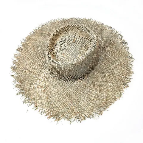 Sombrero de Paja de Rafia de Ala Ancha para Mujer Verano Playa Borde Sin Rematar Parte Superior Plana Protección Solar