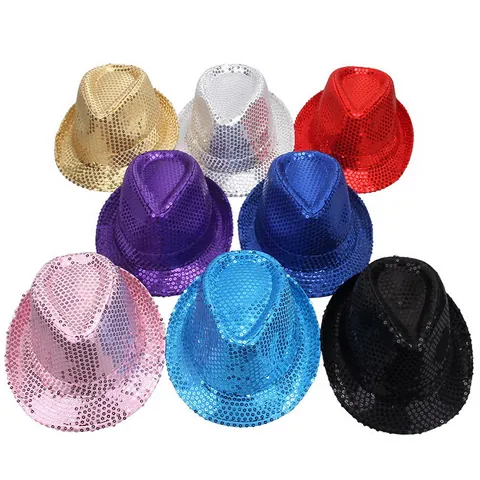 Glitter Sequin Fedora Hat For Adults Unisex Shiny Stage Performance Hat Metallic Jazz Hat Party Props Dance Costume Accessory