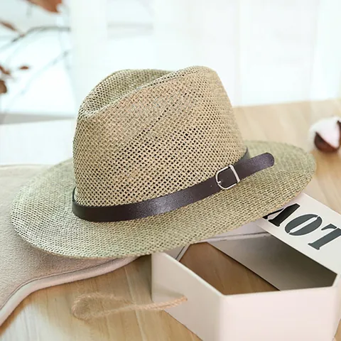 Unisex Wide Brim Paper Straw Panama Fedora Hat For Summer Sun Protection Breathable Beach Travel Jazz Hat With Leather Band