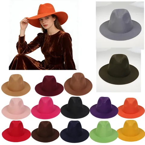 Vintage Woolen Wide Brim Fedora Hat For Men Women Solid Color Warm Jazz Cap Unisex Autumn Winter Outdoor Sun Hat