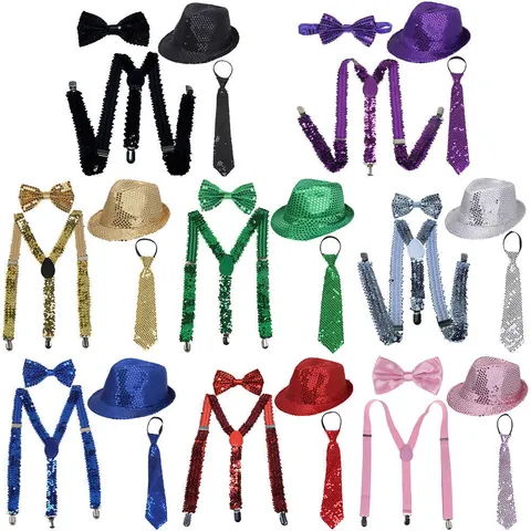 Sequin Fedora Hat Bow Tie Suspender And Necktie For Men Gatsby Party Stage Performance Accessory Vintage Costume