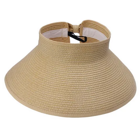 Women Foldable Straw Sun Visor Hat Wide Brim Summer Beach Hat Solid Color Sun Protection Woven Sun Hat With Bow For Women