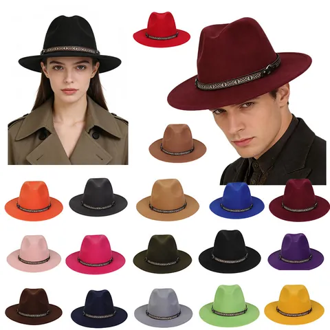 Vintage Wide Brim Fedora Hat Women Men Cotton Blend Ethnic Band Jazz Hat Sun Protection Western Cowboy Style Outdoor Hat