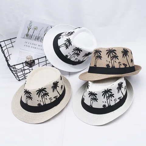 Cappello da Sole Fedora in Paglia Intrecciata Estiva con Stampa Palme Squalo Cappello Panama Vintage per Spiaggia Viaggio Uomo Donna Bambini
