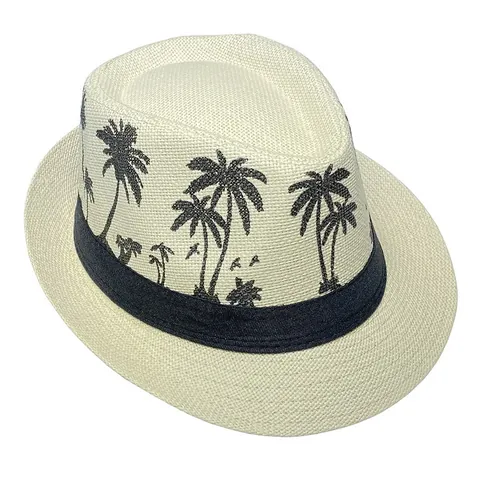 Cappello da Sole Fedora in Paglia Intrecciata Estiva con Stampa Palme Squalo Cappello Panama Vintage per Spiaggia Viaggio Uomo Donna Bambini