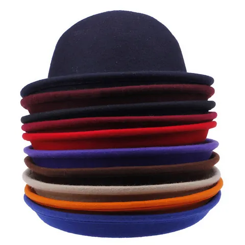 Vintage British Style Solid Color Polyester Felt Bowler Hat For Women Men Autumn Winter Rolled Edge Dome Jazz Hat